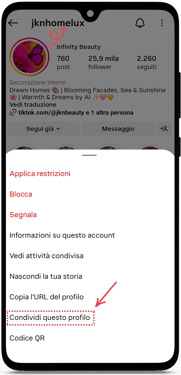 copia l'URL del profilo o il nome utente