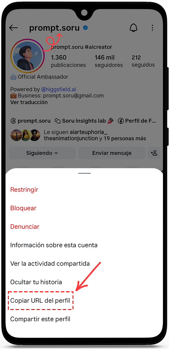 Copiar el enlace del perfil público o nombre de usuario