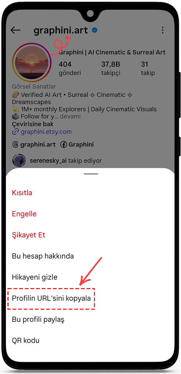 Profil URL'sini veya kullanıcı adını kopyalayın.