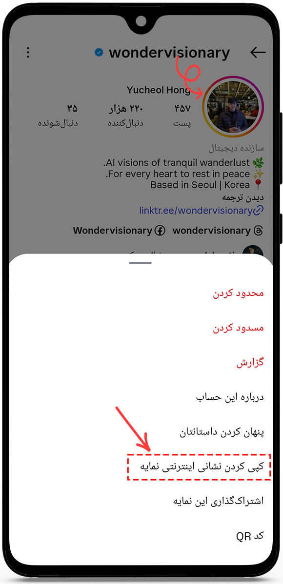 آدرس اینترنتی یا نام کاربری پروفایل را کپی کنید

