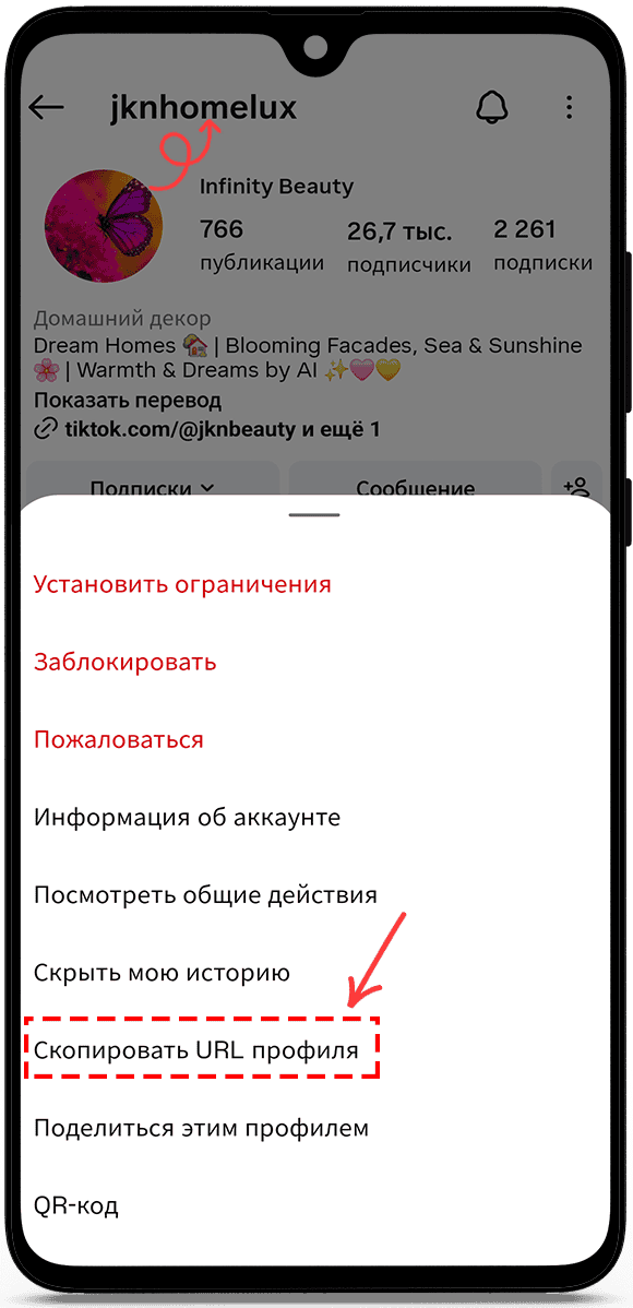 скопируйте URL-адрес профиля или имя пользователя