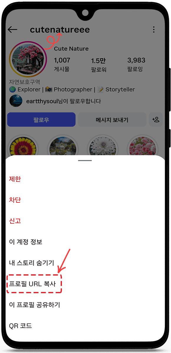 프로필 URL 또는 사용자 이름을 복사하세요.