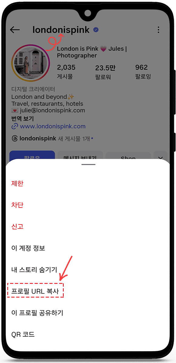 프로필 URL 또는 사용자 이름을 복사하세요.