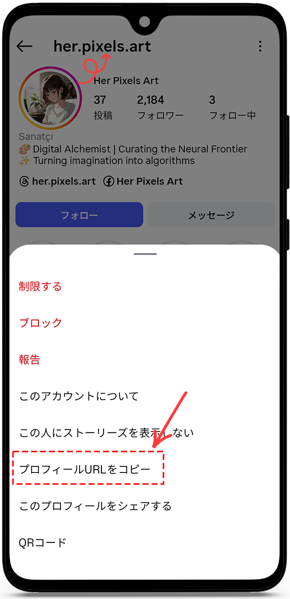 プロフィールURLまたはユーザー名をコピーします